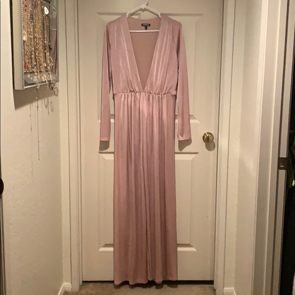 Long Sleeve Pink Express Plunge Vneck Dress